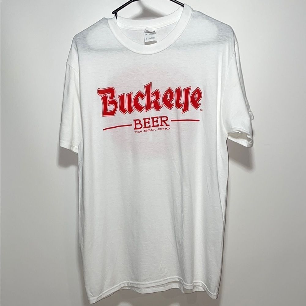 Jerzees White and Red Short Sleeve Tee with Retro Buckeye Design
